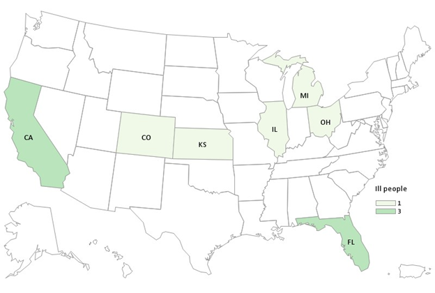 Case Count Map for the Outbreak Investigation of Listeria monocytogenes from Peaches, Plums, & Nectarines - As of 11/20/2023