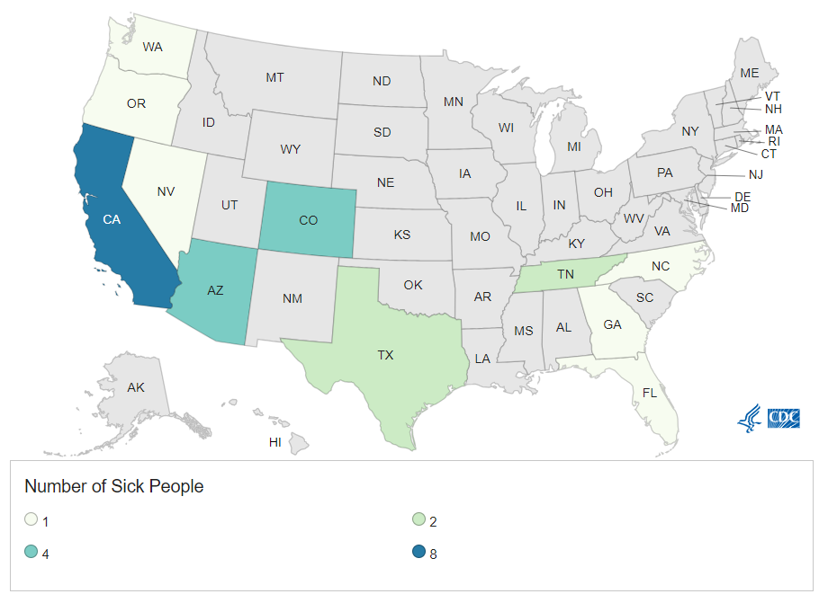 Case Count Map of the Outbreak Investigation of Listeria monocytogenes: Queso Fresco and Cotija Cheese - As of 2/6/2024