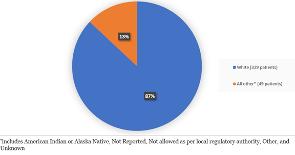 Pie chart summarizing how many individuals of a certain race were enrolled in the clinical trial. In total, 329 patients were White (87%), 49 patients were other races (13%).)