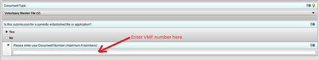 1.0 Document Information Screen showing where to enter the VMF number.