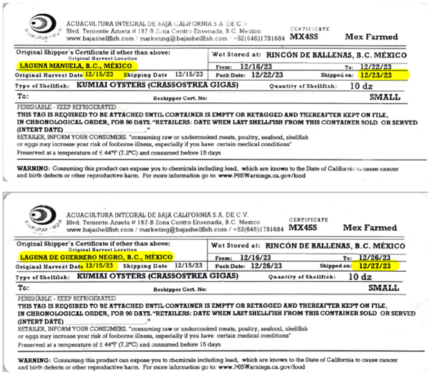 Product Tags Provided to be Representative of Labeling that Would Accompany the Implicated Oysters