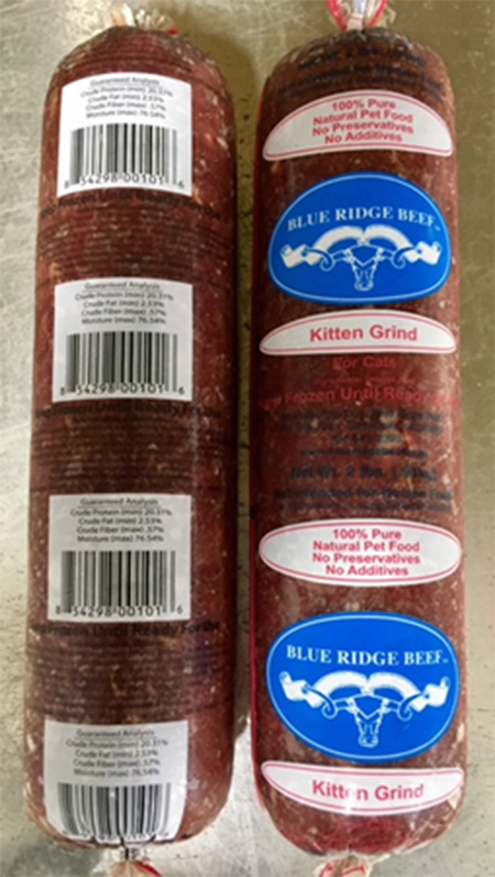 Side by side product image of back and front labels Blue Ridge Beef Kitten Grind for Cats