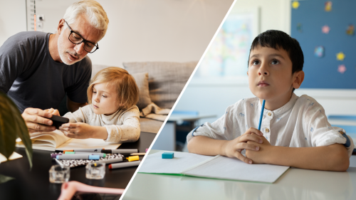 2 photo collage. Left photo of doctor/parent supervising small child at table with different ADHD tests on table. Right photo of male child sitting at desk in school, looking distracted.