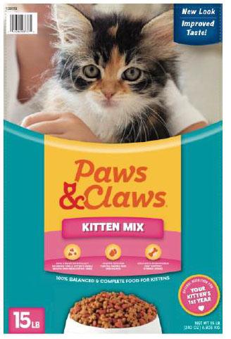 29. “Paws & Claws Kitten Mix, cat food”