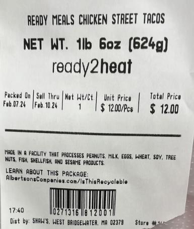 Example label, Shaw’s Ready Meals Chicken Street Tacos, 1 lb 6 oz