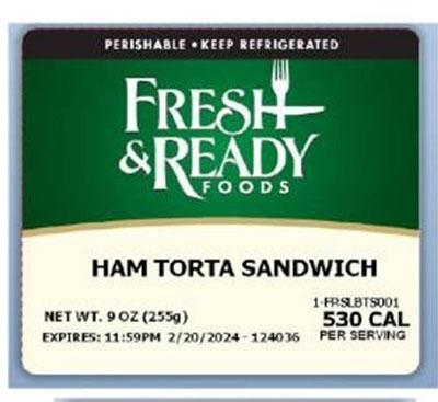 Front label, Fresh and Ready Foods Ham Torta Sandwich