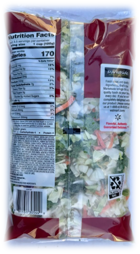 Back of package, Marketside Bacon Ranch Crunch Chopped Salad Kit Braga