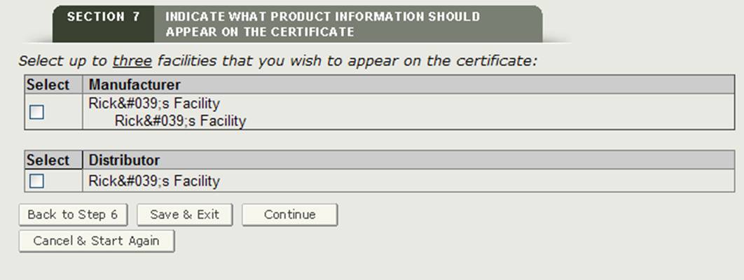 Facility or Facilities to be displayed on the Certificate