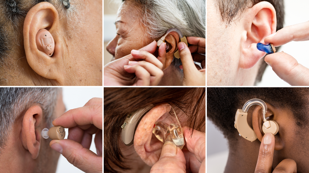 Photo collage showing various hearing aids and personal sound amplification products in people's ears