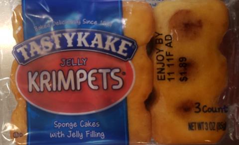 Photo – TASTYKAKE JELLY KRIMPETS Sponge Cakes with Jelly Filling 3 count package with Enjoy By Code Location 