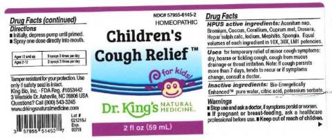 "Product label, Dr. Kings Childrens Cough Relief, 2 fl oz"