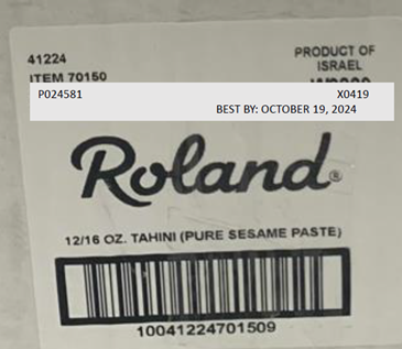 Image 3: “Photograph of case labeling for Roland Tahini, 12/16 oz.”