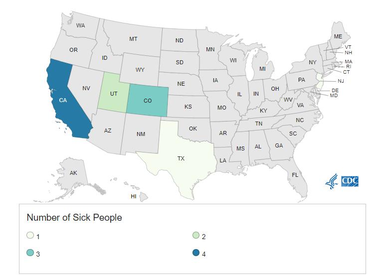 Case Count Map of the Outbreak Investigation of E. coli O157:H7: Raw Cheddar Cheese - As of 2/28/2024