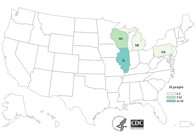 Outbreak Investigation of Salmonella Typhimurium in BrightFarms Packaged Salad Greens - CDC Case Count Map (October 6, 2021)