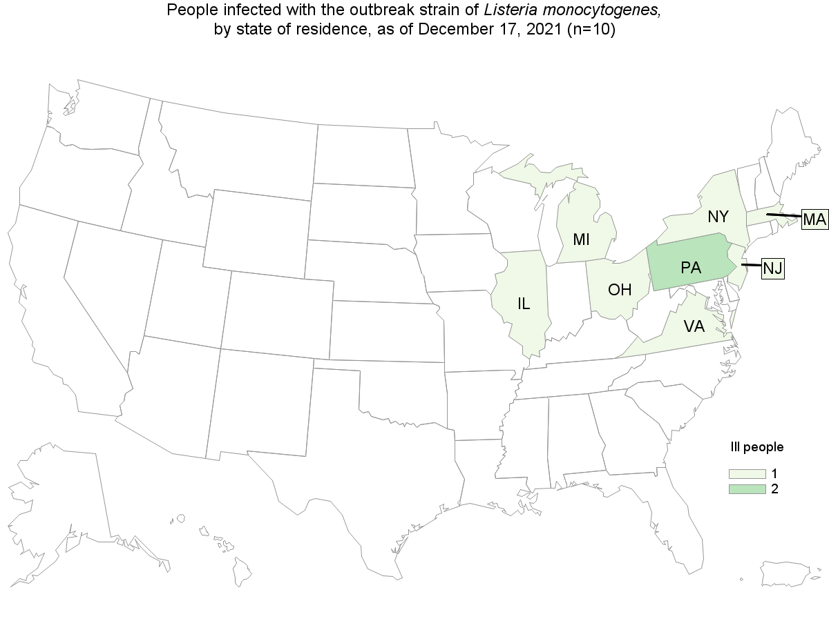 Outbreak Investigation of Listeria monocytogenes from Fresh Express Packaged Salad - CDC Case Count Map (December 17, 2021)