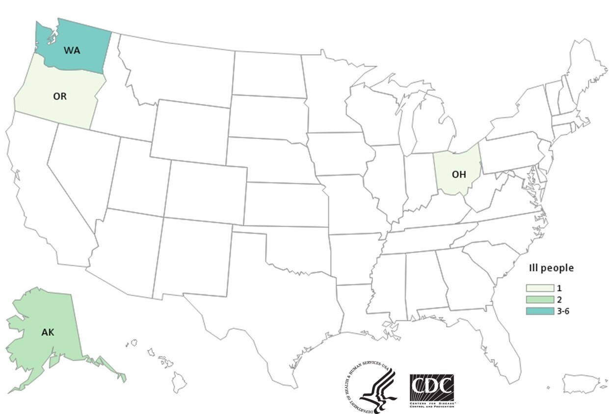 Outbreak Investigation of E. coli O157:H7: Packaged Salad - CDC Case Count Map (January 6, 2022)