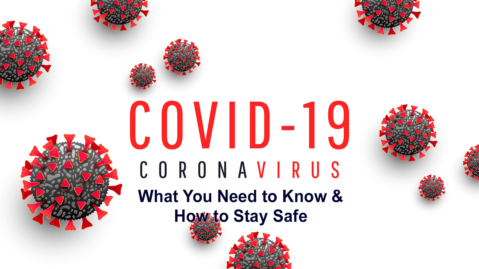 image of 3-d coronavirus with the words: COVID-19 Coronavirus - What You Need to Know and How to Stay Safe