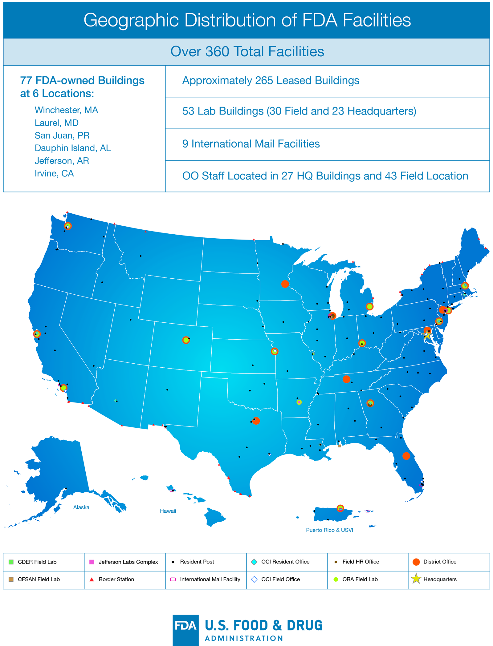 Geographic distribution of FDA facilities (over 360 total) with map of U.S., Puerto Rico, and USVI showing locations of 77 FDA-owned buildings and approximately 265 leased buildings.