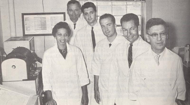 Members of the Division of Pharmaceutical Chemistry’s Spectrophotometry Branch, 9/3/1963:  (From left) Alma Hayden, Oscar Sammul, Joel Davis, Stephan Seater, Wilson Brannon, and Joseph Levine.  (Food and Drug Review, vol 47, no. 10 (Oct 1963): 262.