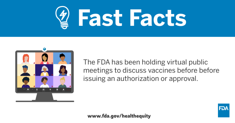 Fast Facts. The FDA has been holding virtual public meetings to discuss vaccines before before issuing an authorization or approval.