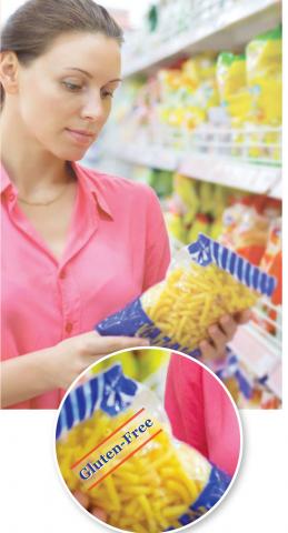 Image of a woman looking at a bag of snack food with a callout of gluten-free label on the package