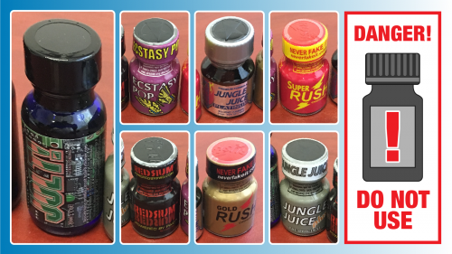 Sample photos of nitrite "poppers" and warning ingestion or inhalation may result in severe injury or death