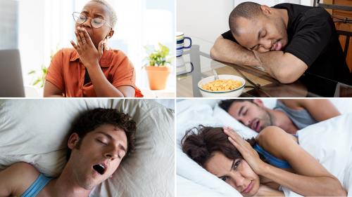 four photos showing a woman yawning while trying to work at her computer, a man sleeping at the breakfast table, a man snoring in bed with his mouth wide open, and an angry woman wide awake in bed holding her hands over her ears while her male partner snores next to her