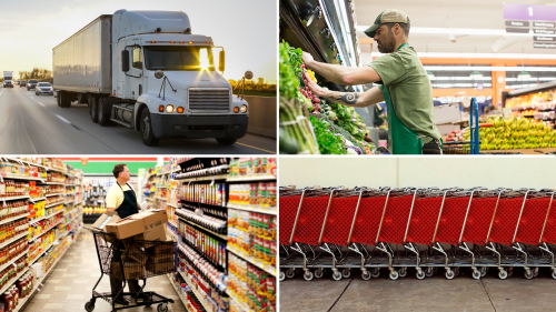 Photo collage including truck on highway, grocery store employees stocking shelves with packaged food and fresh produce, and a row of shopping carts awaiting hungry consumers.
