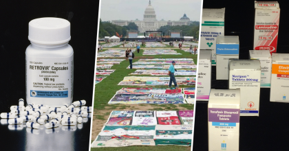 collage of three photos showing: small white and blue pills surrounding a bottle of the AIDS drug Retrovir (Zidovudine), the AIDS quilt being assembled on the National Mall in 1987, and an assortment of later FDA-approved AIDS treatments in their original boxes