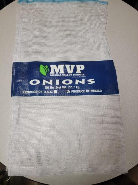 White sack with navy label, MVP onions, 50 lb