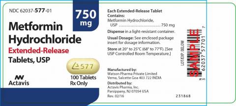 “Label, Actavis Metformin Hydrochloride Extended-Release Tablets, 750 mg, 100 tablets”