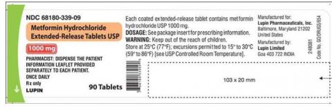 Photo 2 – Labeling, Metformin Hydrochloride Extended Release Tablets USP 1000 mg, 90 tablets