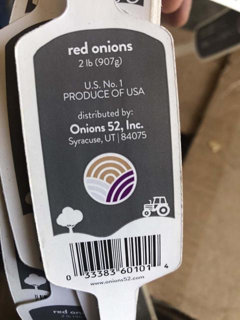 “Product label, Onions 52, Inc. red onions 2 lb”