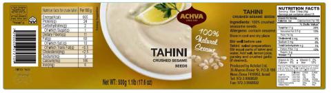 Label – ACHVA TAHINI CRUSHED SESAME SEEDS, Net WT. 500g 1.1lb (17.6 oz)