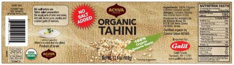 Label – ACHVA, ORGANIC TAHINI, NO SALT ADDED, Net Wt. 17.6 oz (500g)
