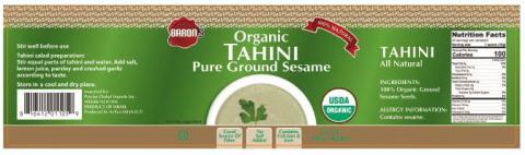 Label – BARON Organic TAHINI Pure Ground Sesame, NET WT. 16oz (454g)