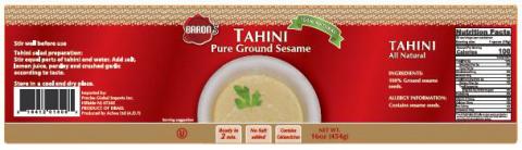 Label – BARON, TAHINI Pure Ground Sesame, NET WT. 16oz (454g)