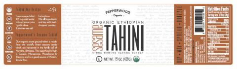 Label – PEPPERWOOD, ORGANIC ETHIOPIAN SESAME TAHINI, NET WT 15 OZ. (428G)