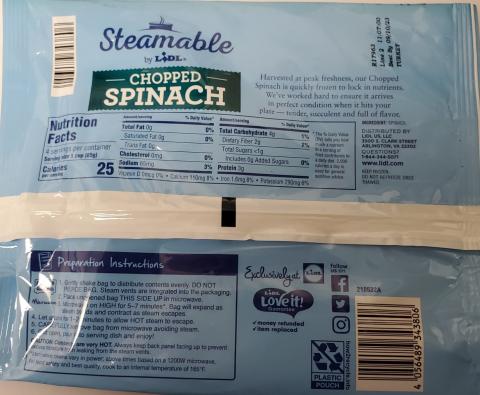 Steamable by Lidl, Chopped Spinach, nutrition facts and preparation instructions