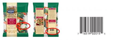 Mann's Vegetable Medley. BILINGUAL (US&CAN): Best if Used By in lower right corner and UPC on back of bag. Affected Product date codes: OCT 14, 2017 & OCT 16, 2017