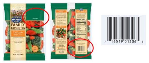 Mann's California Stir Fry. USA: Best if Used By in upper right corner and UPC on back of bag. Affected Product date codes: OCT 14 – 16, 2017