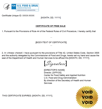 Sample Export Certificate for U.S. produced Food Products. The Certificate Unique ID is in the top left hand corner of the page.