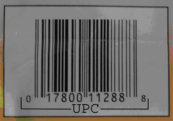 A white rectangle in which a series of black bars of different thicknesses or widths are printed vertically from left to right.  Numbers that make up the UPC code are printed underneath the bars with the first number, a zero in this picture, located just to the left of the first bar on the left, and the last number, an 8 in this picture, located just to the right of the last bar on the right.  Two other groups of numbers appear directly underneath the bars.  The entire UPC code in this picture is:  0 17800 11288 8.