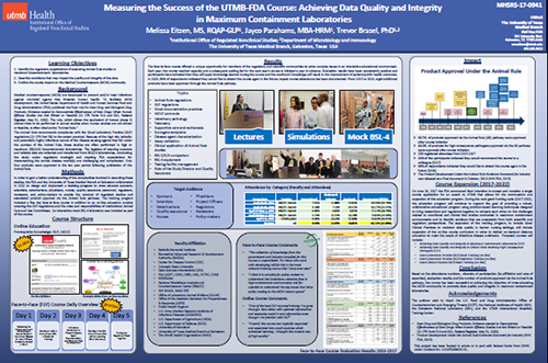 Poster – Measuring the Success of the UTMB-FDA Course: Achieving Data Quality and Integrity in Maximum Containment Laboratories, presented in August 2017 (PDF, 833 KB)