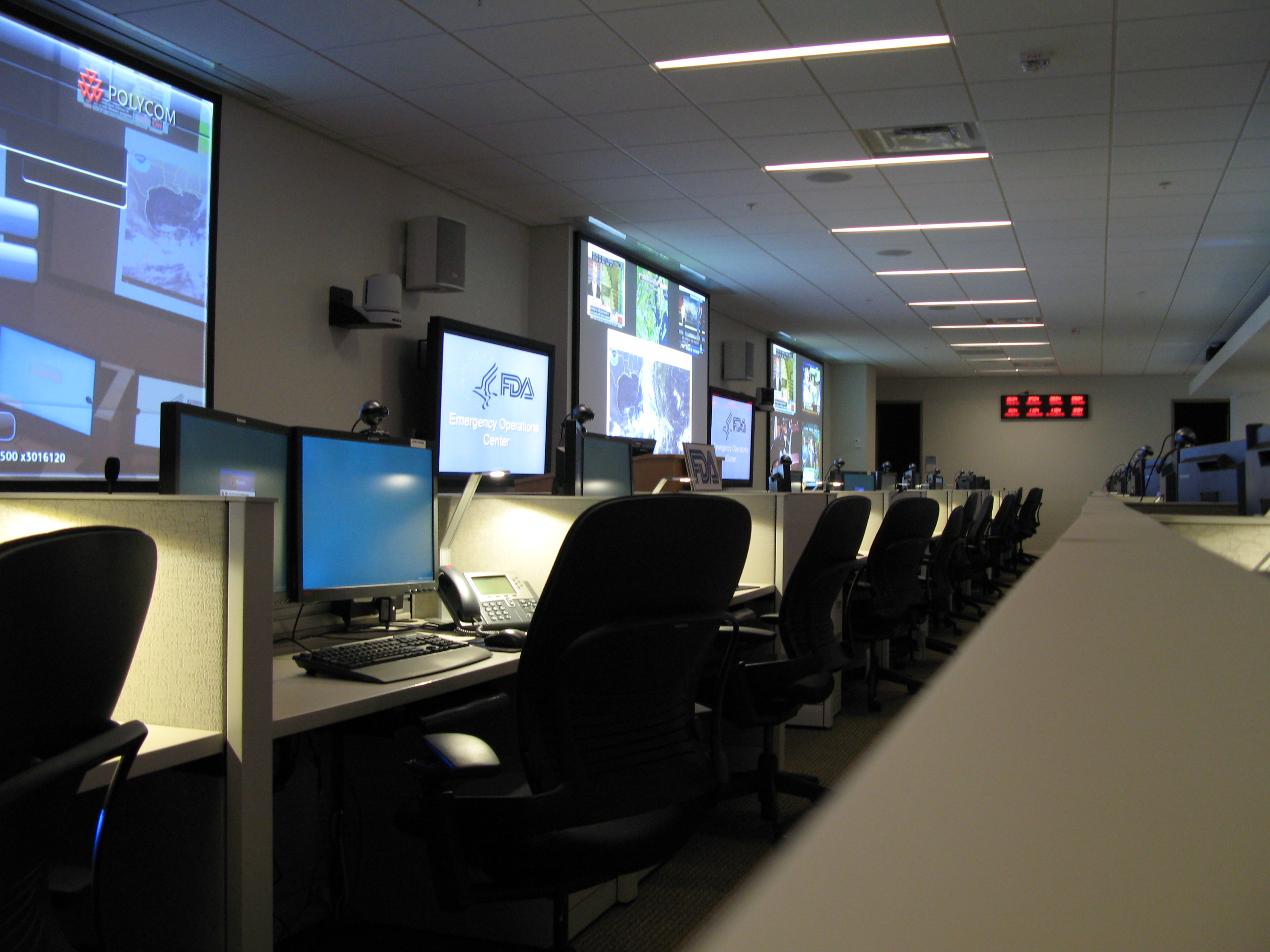 Front row of desks in the Emergency Operations Center