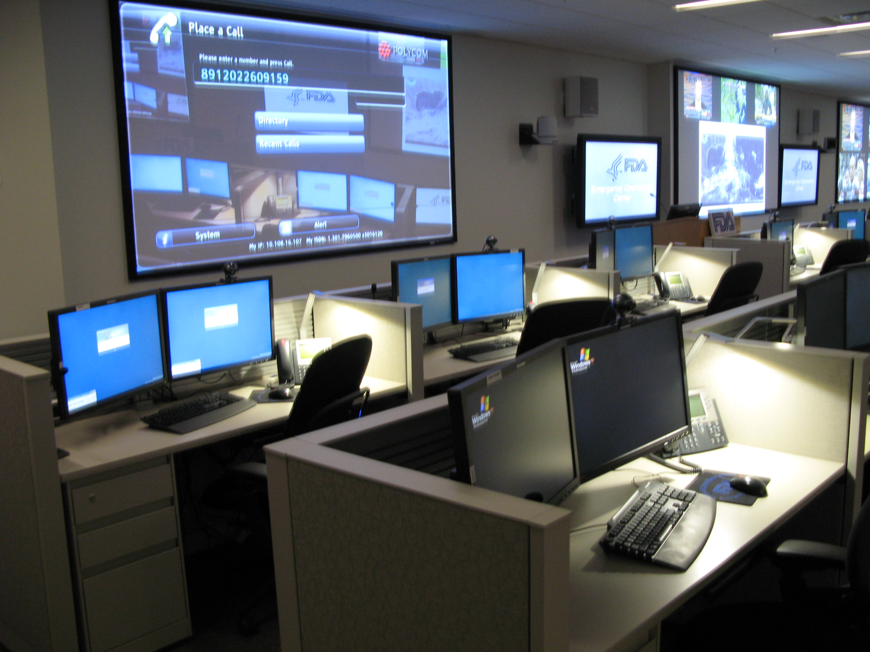 Front desk and screens in the Emergency Operations Center