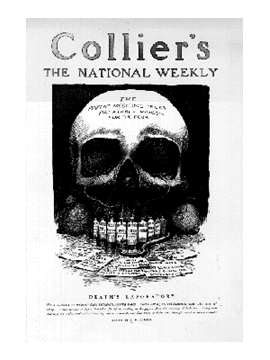 Cover of magazine Colliers: The National Weekly, showing a drawing of  a skull with medicine bottles in place of teeth