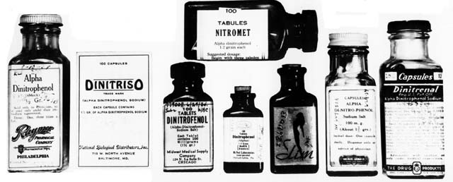 Medicine bottles with the product names Alpha Dinitrophenol, Dinitriso, and Nitronet