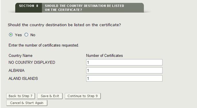 Section 8: Specify Country and Number of Certificates Requested