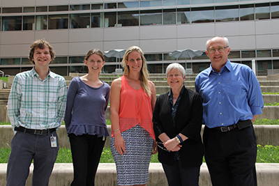 FDA-ARGOS (FDA dAtabase for Regulatory Grade micrObial Sequences) team, from right: Uwe Scherf, Sally Hojvat, Heike Sichtig, Brittany Goldberg, Kevin Snyder (photo: Diane Garrett, FDA)